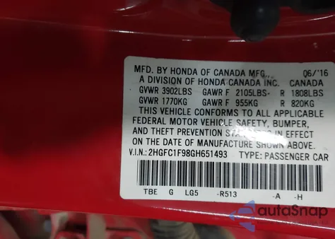 2016 Honda Civic Touring from USA, damaged, VIN 2HGFC1F98GH651493